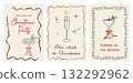 Set of three retro Christmas cocktail cards with hand-drawn glasses, holly, and ribbons. Whimsical doodle style with holiday greetings and festive drink illustrations. Vector illustration. 132292962
