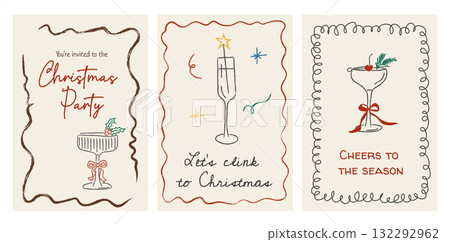 Set of three retro Christmas cocktail cards with hand-drawn glasses, holly, and ribbons. Whimsical doodle style with holiday greetings and festive drink illustrations. Vector illustration. Set of three retro Christmas cocktail cards with hand-drawn glasses, holly, and ribbons. Whimsical doodle style with holiday greetings and festive drink illustrations. Vector illustration. 132292962