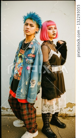 龐克時尚男女的復古現代照片 龐克時尚男女的復古現代照片 132293055