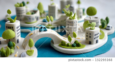 未來城市/白色建築與綠色街道（3D，毛氈材質） 132293168