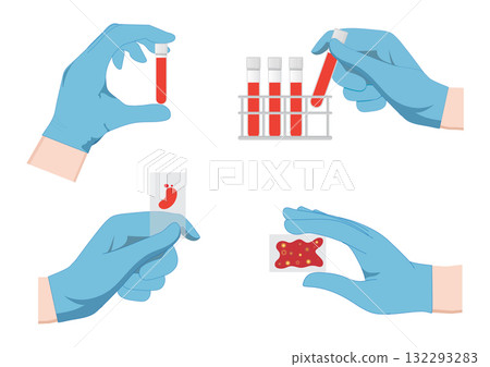 Set of flat design medical vector illustrations showing hands in gloves. 132293283