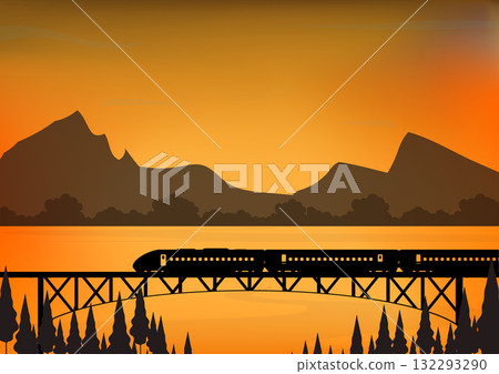 Vector silhouette of a high-speed train crossing a bridge. 132293290