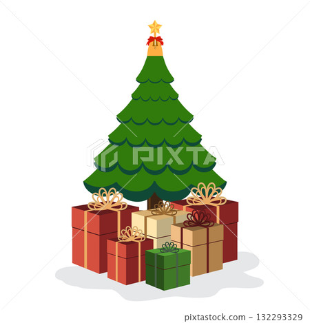 Beautiful decorated Christmas tree with colorful ornaments and a stack of wrapped gift boxes. 132293329