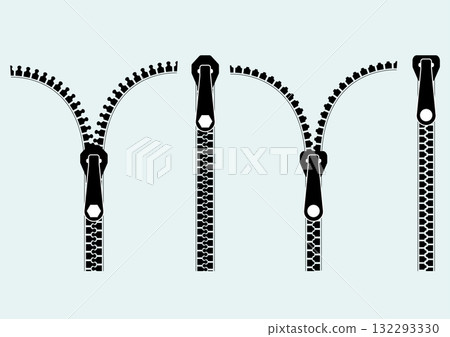 Black zipper in open and closed positions flat design vector illustration. Black zipper in open and closed positions flat design vector illustration. 132293330
