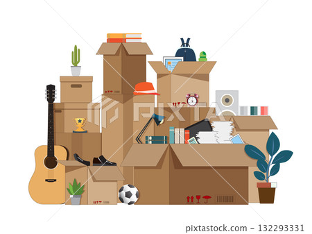 Cardboard boxes filled with personal and office items, representing business relocation. 132293331