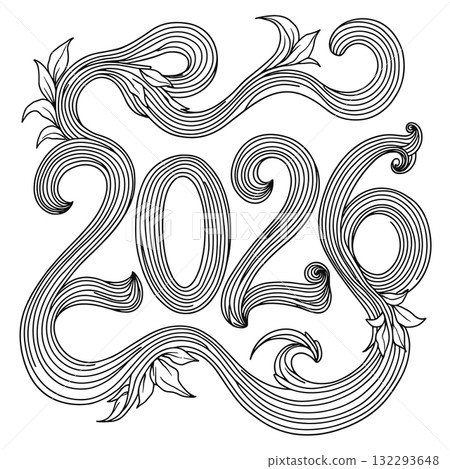 2026 ornate calligraphic lettering with floral elements on black background year 2026 ornate calligraphic lettering with floral elements on black background year 132293648