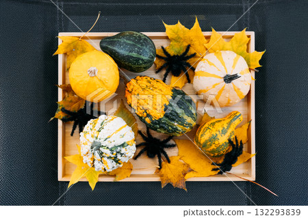 Flatlay of assorted ornamental gourds and yellow maple leaves in a wooden tray on a black textured surface. Seasonal decoration, autumn harvest, Halloween aesthetics, spooky home styling 132293839