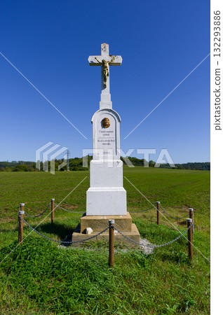 Holy Cross in the fields near the town of Sloup. A place to rest and meditate. South Moravia, Czech Republic. Holy Cross in the fields near the town of Sloup. A place to rest and meditate. South Moravia, Czech Republic. 132293886