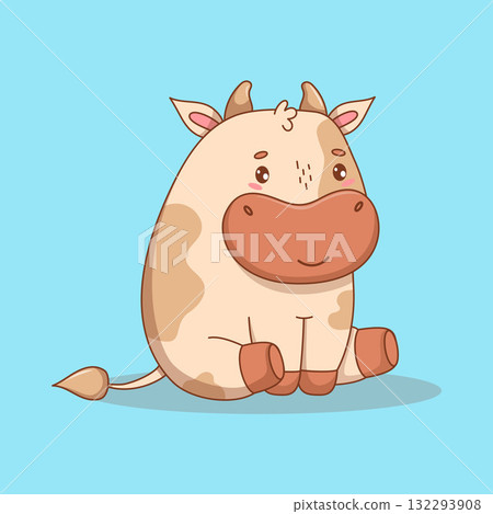 Cute Little Bull. Adorable happy Sitting Kawaii Animal. Vector illustration. Kids collection. Not AI 132293908