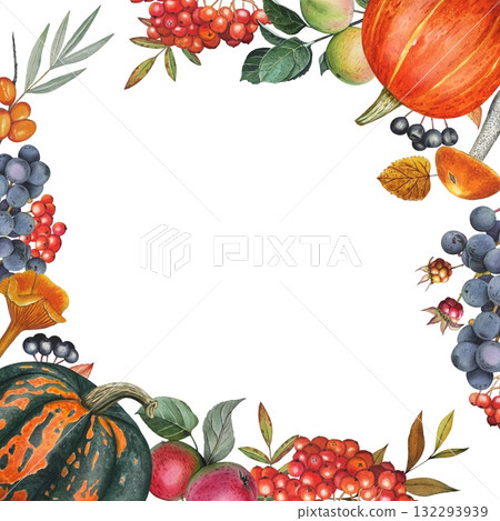 Hand drawn  frame with apples, berries, pumpkins, autumn leaves. Watercolor illustration. 132293939