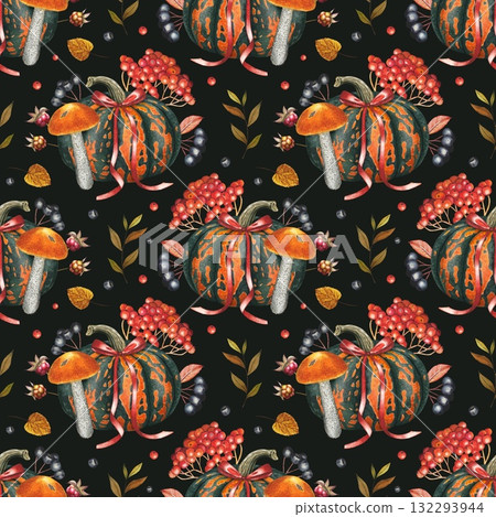 Hand drawn autumn seamless pattern with pumpkins, berries, mushrooms, autumn leaves. Watercolor on dark background. Hand drawn autumn seamless pattern with pumpkins, berries, mushrooms, autumn leaves. Watercolor on dark background. 132293944