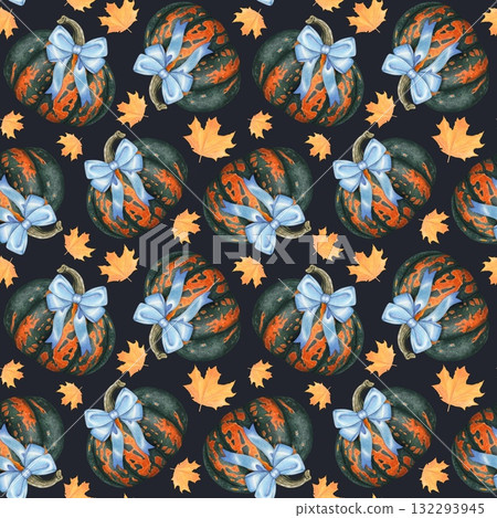 Hand drawn autumn seamless pattern with  pumpkins, blue bows, autumn leaves. Watercolor on dark background. 132293945