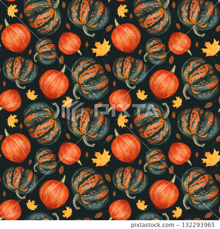 Hand drawn autumn seamless pattern with orange, green pumpkins,autumn leaves. Watercolor on dark background. Hand drawn autumn seamless pattern with orange, green pumpkins,autumn leaves. Watercolor on dark background. 132293965