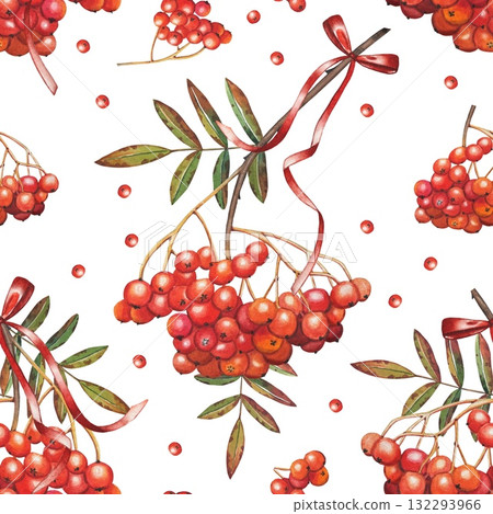 Hand drawn seamless pattern with rowan berry branches. Watercolor illustration. Hand drawn seamless pattern with rowan berry branches. Watercolor illustration. 132293966