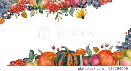 Hand drawn border with apples, berries, pumpkins, autumn leaves. Watercolor illustration. 132294009