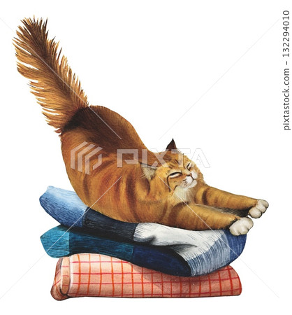 Hand drawn brown cat stretches on a blanket. Watercolor illustration. Hand drawn brown cat stretches on a blanket. Watercolor illustration. 132294010