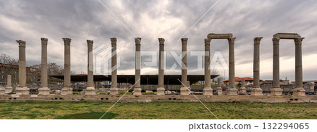 Historic Columns of the Agora of Smyrna, Izmir, Turkey on a cloudy day. 132294065