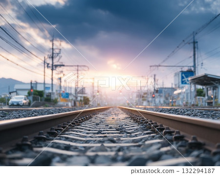 夕陽映照下的鐵軌和城市景觀，描繪出一幅走向希望的旅程圖景 132294187