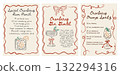 Retro Christmas cocktail recipe cards with hand-drawn festive drinks. Cranberry rum punch, gin gimlet, and orange spritz. Whimsical doodle style with vintage holiday design. Vector illustration. 132294316