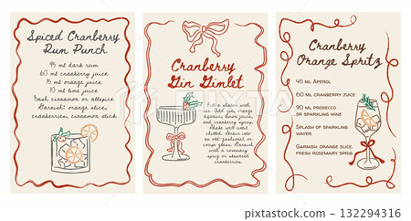 Retro Christmas cocktail recipe cards with hand-drawn festive drinks. Cranberry rum punch, gin gimlet, and orange spritz. Whimsical doodle style with vintage holiday design. Vector illustration. Retro Christmas cocktail recipe cards with hand-drawn festive drinks. Cranberry rum punch, gin gimlet, and orange spritz. Whimsical doodle style with vintage holiday design. Vector illustration. 132294316