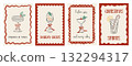 Set of four retro Christmas cocktail cards with doodle-style festive drinks, citrus and candy cane garnish, and playful red borders. Whimsical holiday greeting design. Vector illustration. 132294317