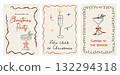 Set of three retro Christmas cocktail cards with hand-drawn glasses, holly, and ribbons. Whimsical doodle style with holiday greetings and festive drink illustrations. Vector illustration. 132294318