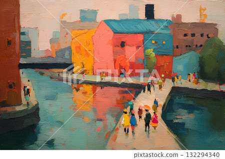 Canal tourist destination crowd in oil painting style Canal tourist destination crowd in oil painting style 132294340