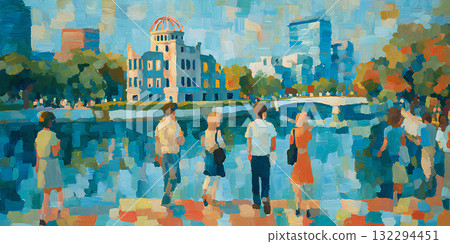 廣島原子彈爆炸圓頂屋和人物的油畫 廣島原子彈爆炸圓頂屋和人物的油畫 132294451