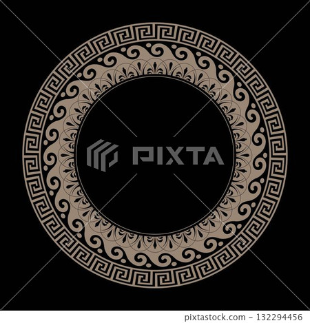 Greek gold round frame on black background. Greek pattern. Round porcelain plate with key, floral meanders. Greek key. Circle frame with greek ornament. Pattern of Greece, ancient Rome. For porcelain 132294456