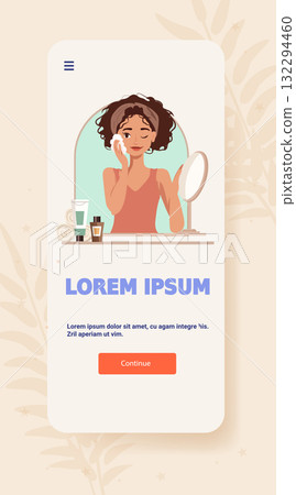 Woman skincare routine bathroom mirror cosmetic products mobile app screen pastel background 132294460
