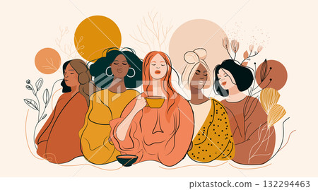 Diverse women group friendship unity relaxation floral abstract background modern flat design 132294463