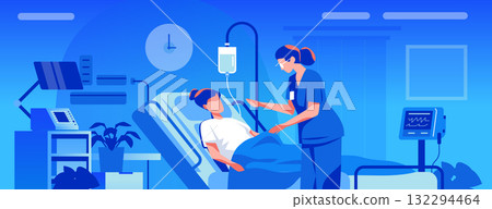 Nurse caring for patient hospital room medical equipment healthcare worker monitoring intravenous therapy blue background modern clinic 132294464