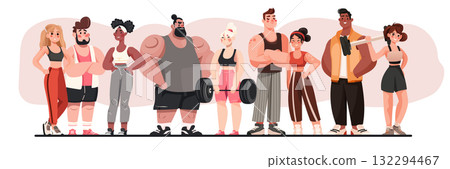 Fitness people diverse group gym training athletes active men women holding barbells sportswear modern cartoon style flat colorful background Fitness people diverse group gym training athletes active men women holding barbells sportswear modern cartoon style flat colorful background 132294467