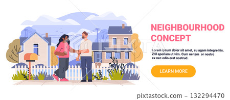 Neighbourhood concept people shaking hands friendly community suburban houses picket fence greenery outdoor scene website banner Neighbourhood concept people shaking hands friendly community suburban houses picket fence greenery outdoor scene website banner 132294470