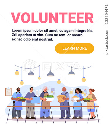 Volunteer teamwork food donation community group preparing meals together in kitchen diverse people aprons lights social activity banner Volunteer teamwork food donation community group preparing meals together in kitchen diverse people aprons lights social activity banner 132294471