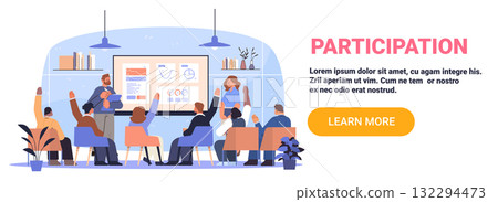 Participation business meeting team discussion people raising hands charts presentation modern office plants shelves workspace website banner 132294473
