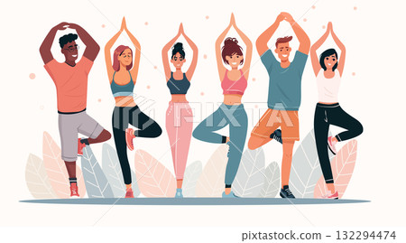 Group yoga class fitness people practicing tree pose diverse young adults activewear nature background wellness exercise concept website banner 132294474