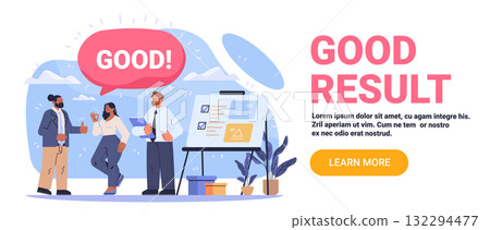 Good result business team celebrating achievement charts thumbs up office meeting collaboration modern workspace plants flat design web banner Good result business team celebrating achievement charts thumbs up office meeting collaboration modern workspace plants flat design web banner 132294477