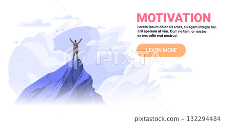 Motivation mountain peak achievement success person standing arms raised blue sky clouds modern web banner 132294484