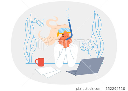 Business woman dreams of diving and opportunity to swim underwater, sitting at desk with computer 132294518