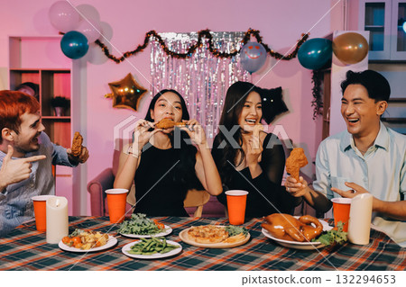 Diversity, dinner and group of people toast celebration together at party. Friends, happy and celebrate with food, wine and friendship for love, support and cheers champagne at business function Diversity, dinner and group of people toast celebration together at party. Friends, happy and celebrate with food, wine and friendship for love, support and cheers champagne at business function 132294653