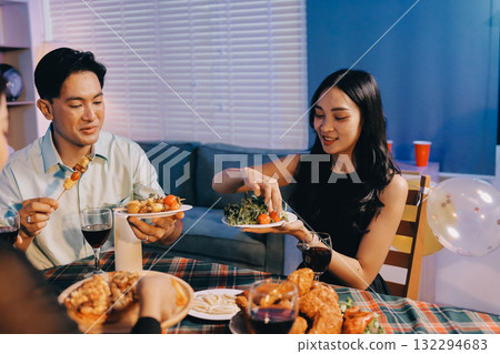 Diversity, dinner and group of people toast celebration together at party. Friends, happy and celebrate with food, wine and friendship for love, support and cheers champagne at business function 132294683