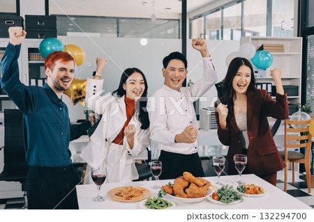 Diversity, dinner and group of people toast celebration together at party. Friends, happy and celebrate with food, wine and friendship for love, support and cheers champagne at business function Diversity, dinner and group of people toast celebration together at party. Friends, happy and celebrate with food, wine and friendship for love, support and cheers champagne at business function 132294700