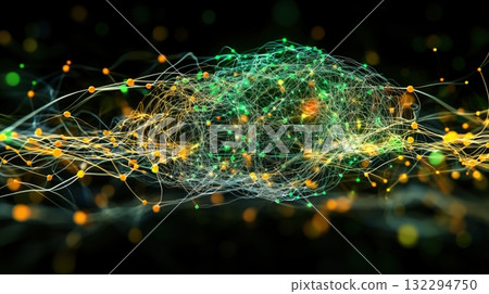 Abstract Neural Network Web in Green and Gold with Futuristic Glow 132294750
