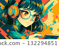 戴眼鏡和耳機的女孩（聽音樂、學習、電子學習） 132294851