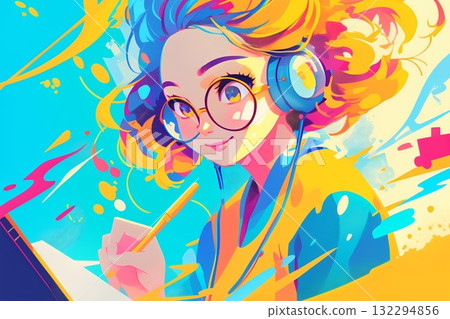 戴眼鏡和耳機的女孩(聽音樂、學習、電子學習) 戴眼鏡和耳機的女孩(聽音樂、學習、電子學習) 132294856