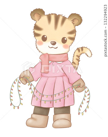 Little tiger hold string lights cartoon hand drawn 132294923