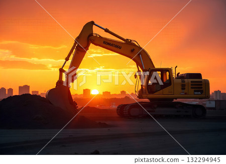 excavator on construction site at sunset time 132294945