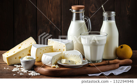 glass of milk and fresh cheese on wooden table 132294946