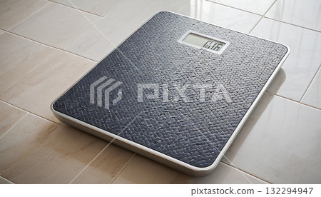 Black digital weight machine kept on the ceramic tile floor Black digital weight machine kept on the ceramic tile floor 132294947
